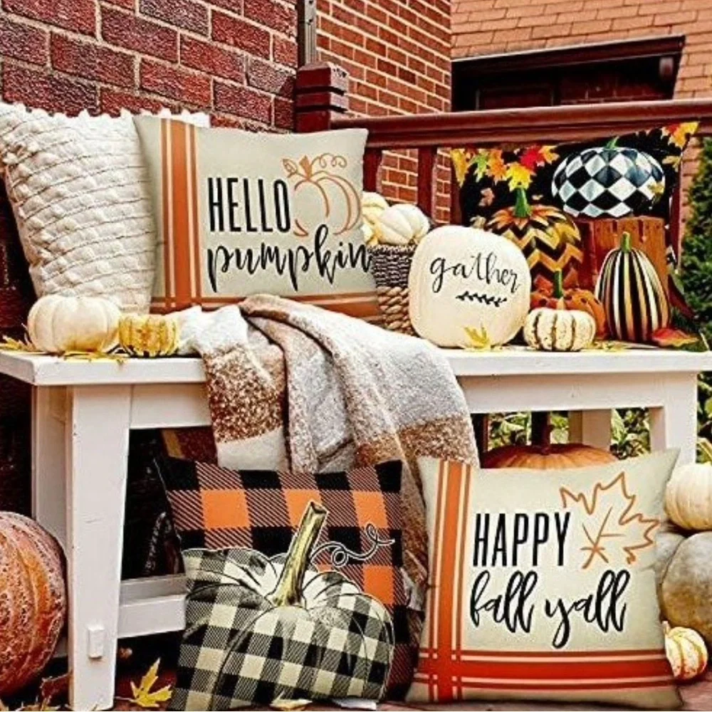18” Fall /Halloween Pillow Covers in Orange-Black Buffalo Plaid (Set of 4)